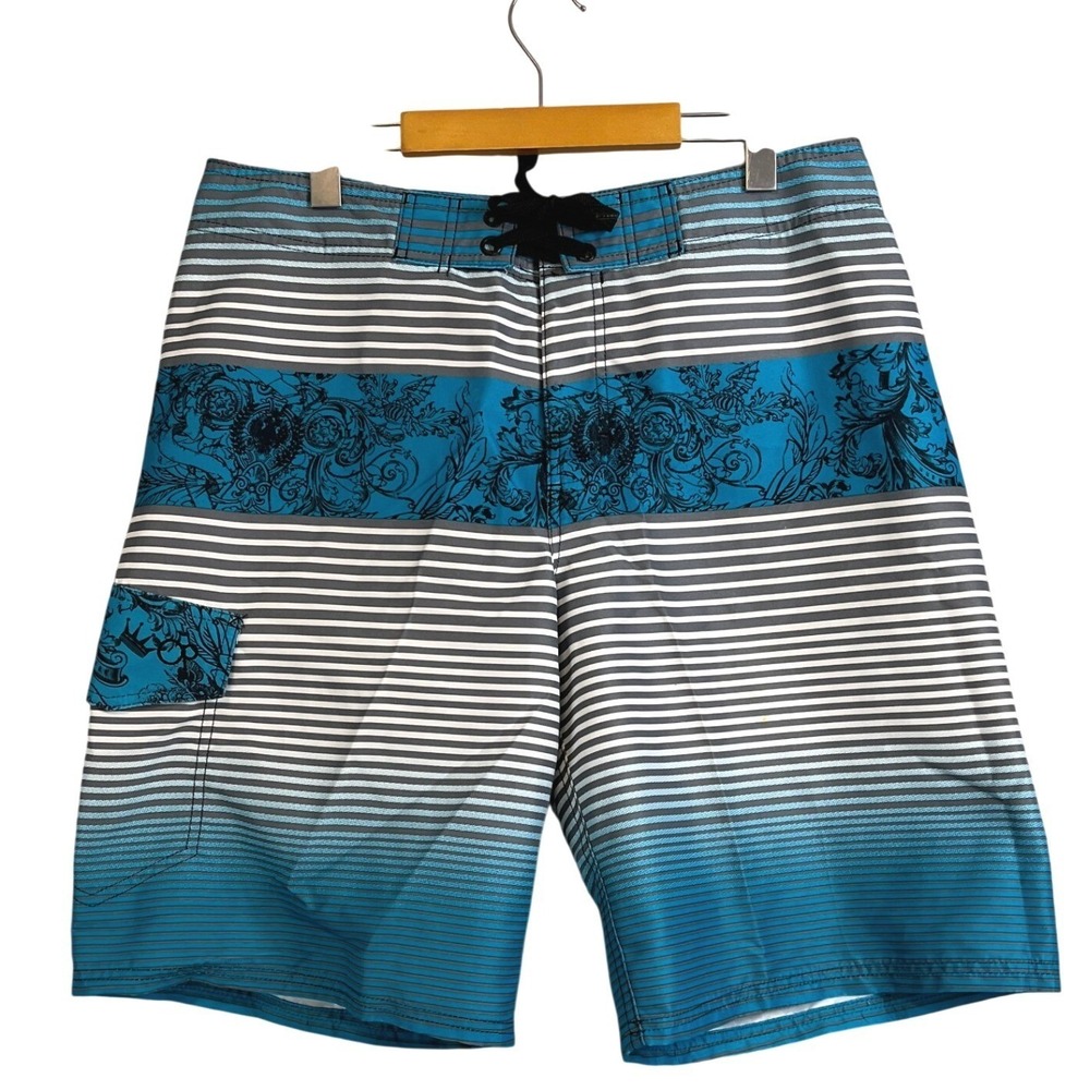 Y2K OP Ocean Pacific Mens Blue Striped Floral Filigree Board Shorts Size 34